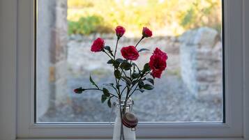 A clear glass vase with roses on a windowsill.