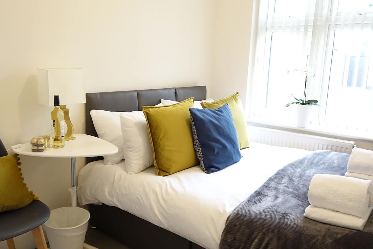 A hotel room with a bed, a bedside table with a lamp, a chair, and a window with a plant.