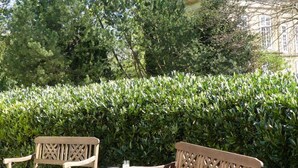 Een tuin met een bankje en tafel, met een haag en bomen op de achtergrond.