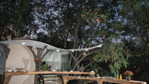Un área de comedor al aire libre con una mesa y sillas de madera, rodeada de árboles y un recinto de vidrio.