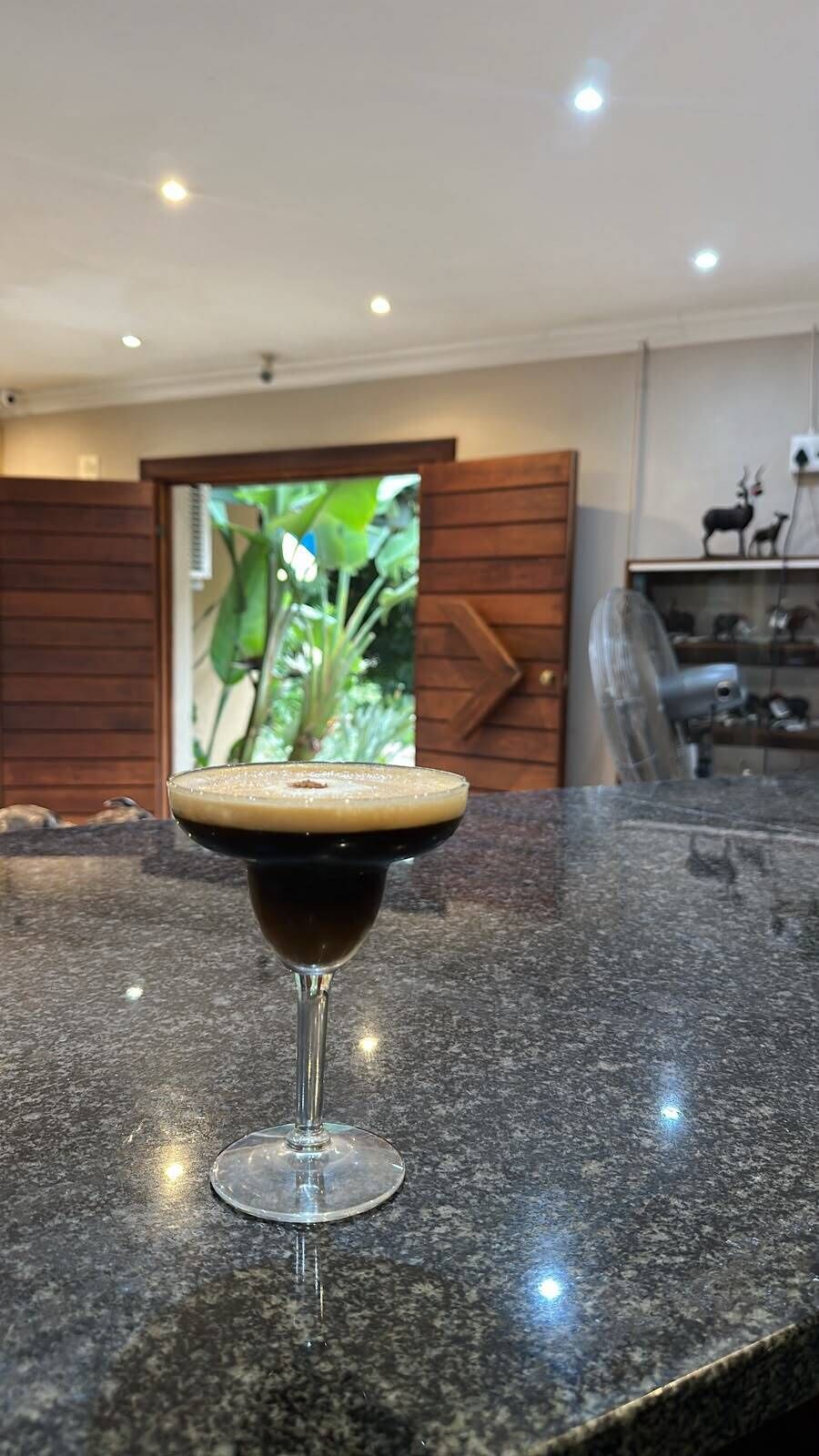 A martini glass on a granite countertop with a view of a wooden door and a plant in the background.