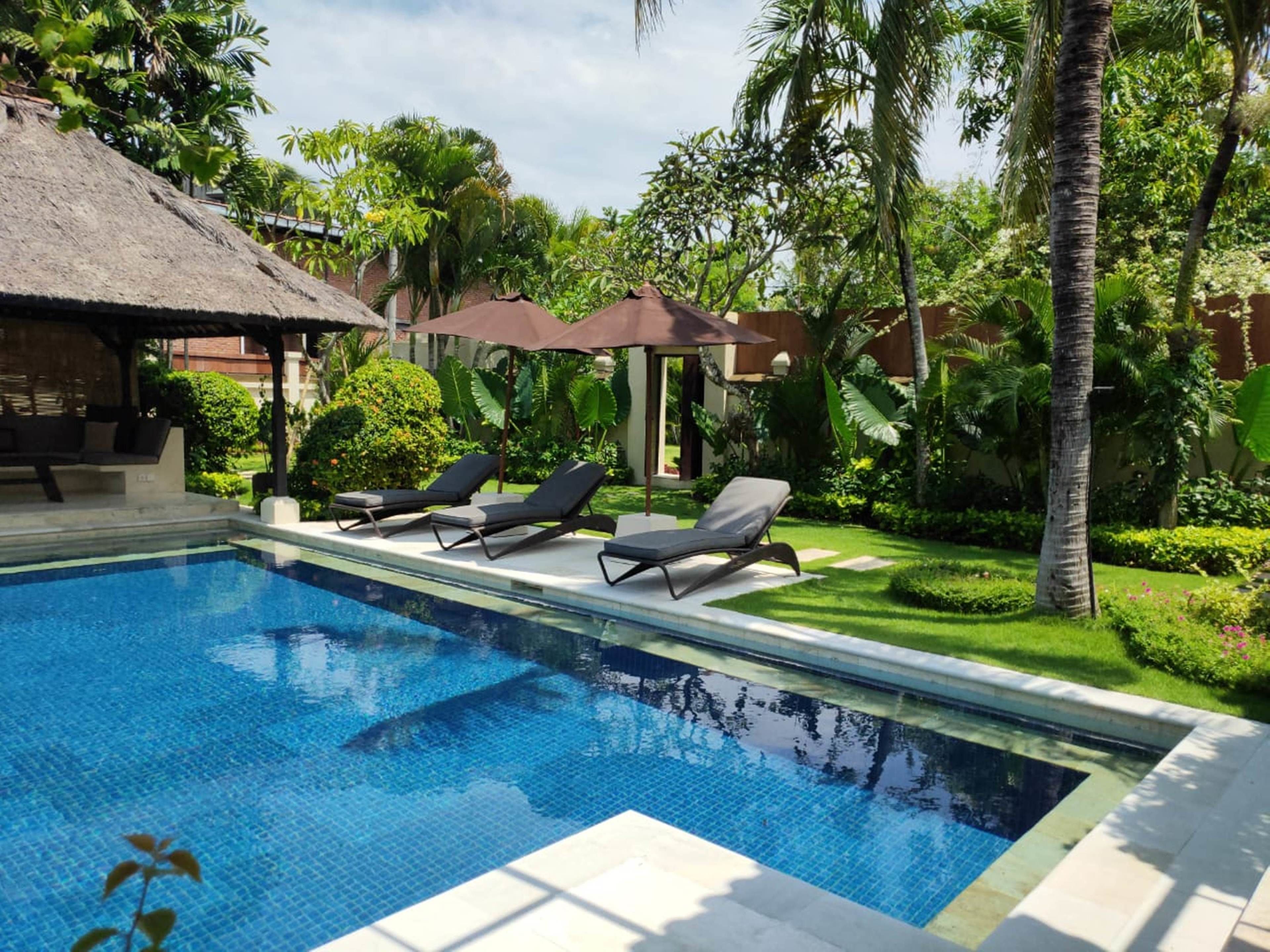 A swimming pool with lounge chairs and umbrellas, surrounded by lush greenery and palm trees.