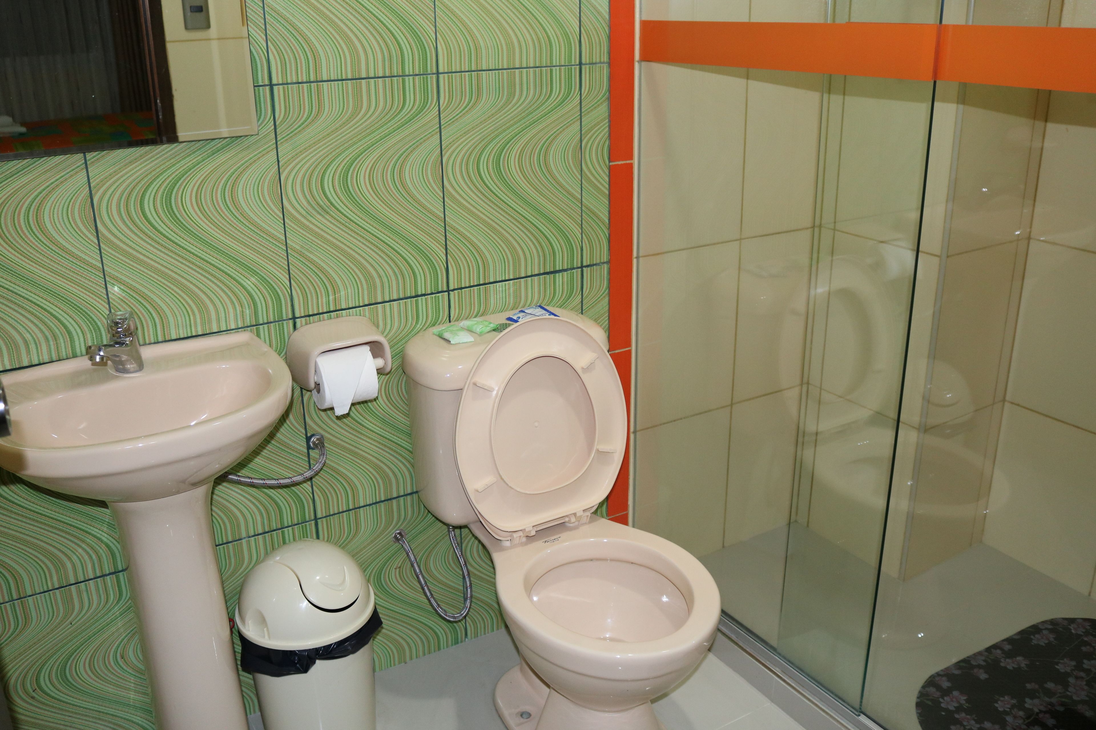 family room | bathroom | shower, free toiletries, hair dryer, towels