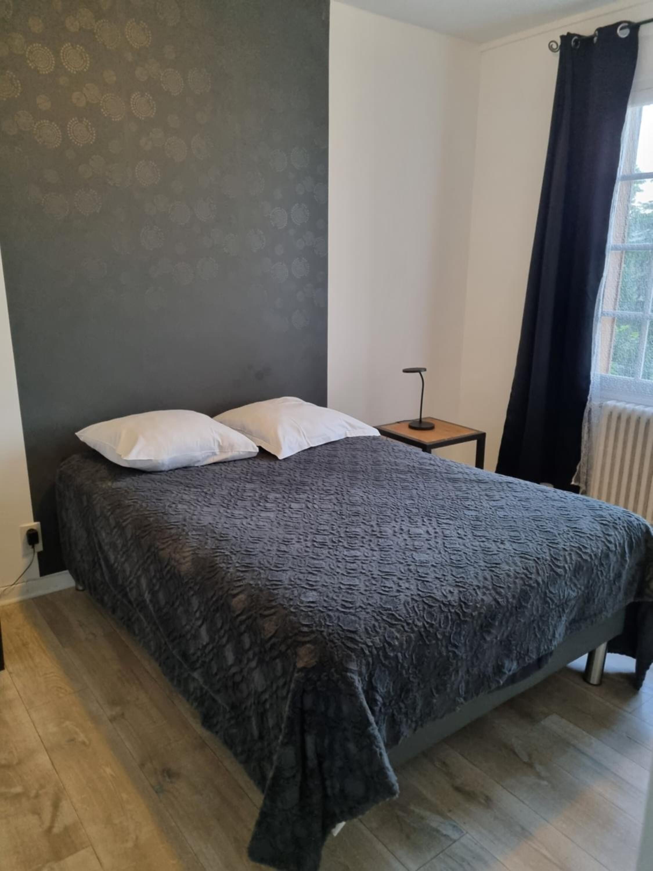 premium bedding, select comfort beds, desk, blackout curtains