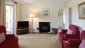 A living room with a fireplace, red sofas, a television, and a lamp. - Green Door - Lower Tregudda (Port Isaac)