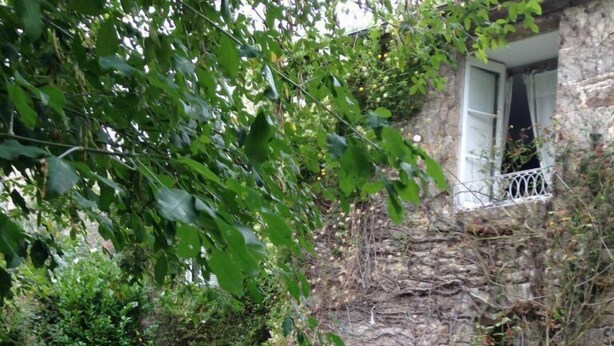 Een stenen gebouw met een balkon, omgeven door weelderige begroeiing en roze bloemen.