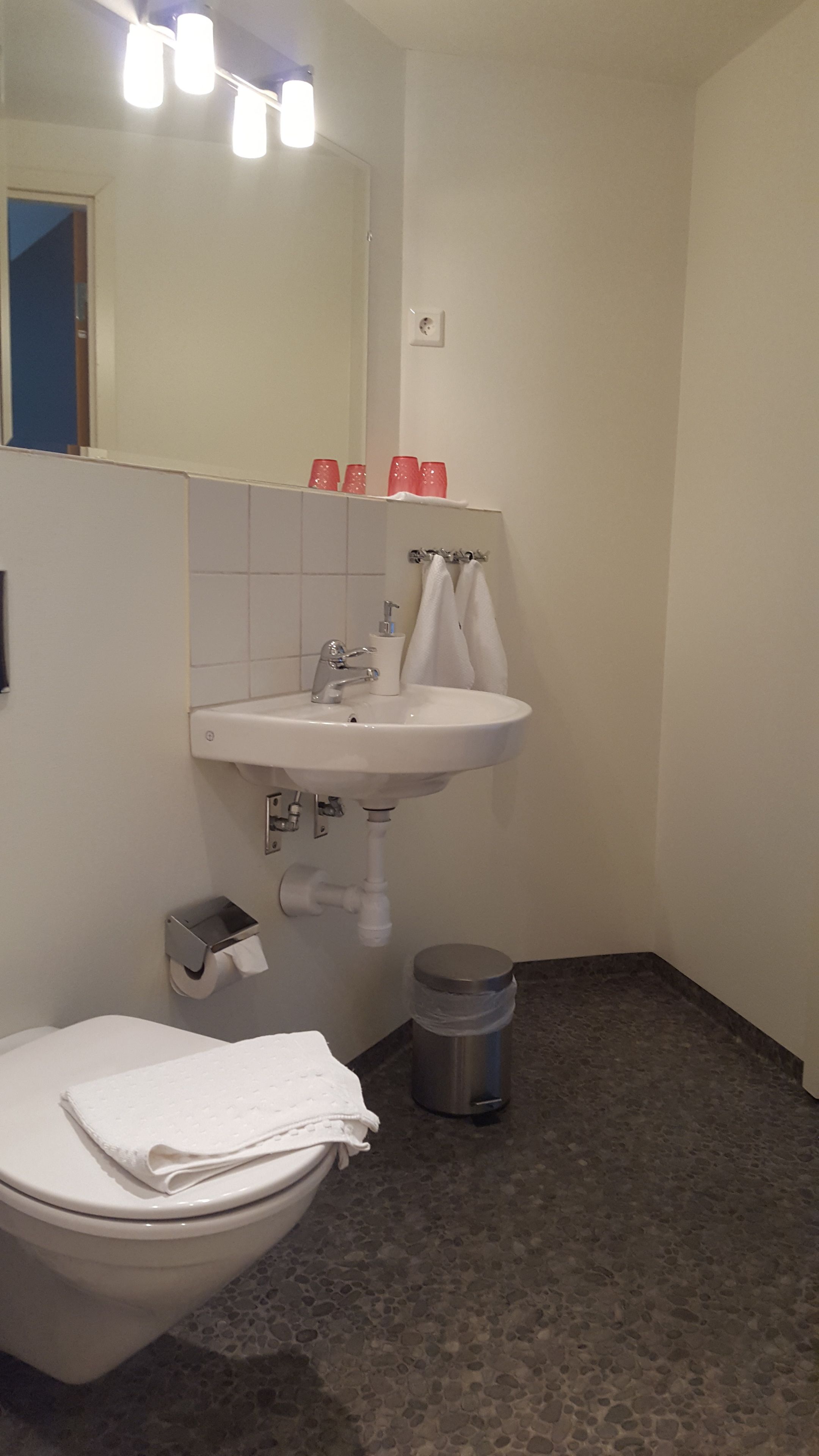 Ett badrum med toalett, handfat och papperskorg.
