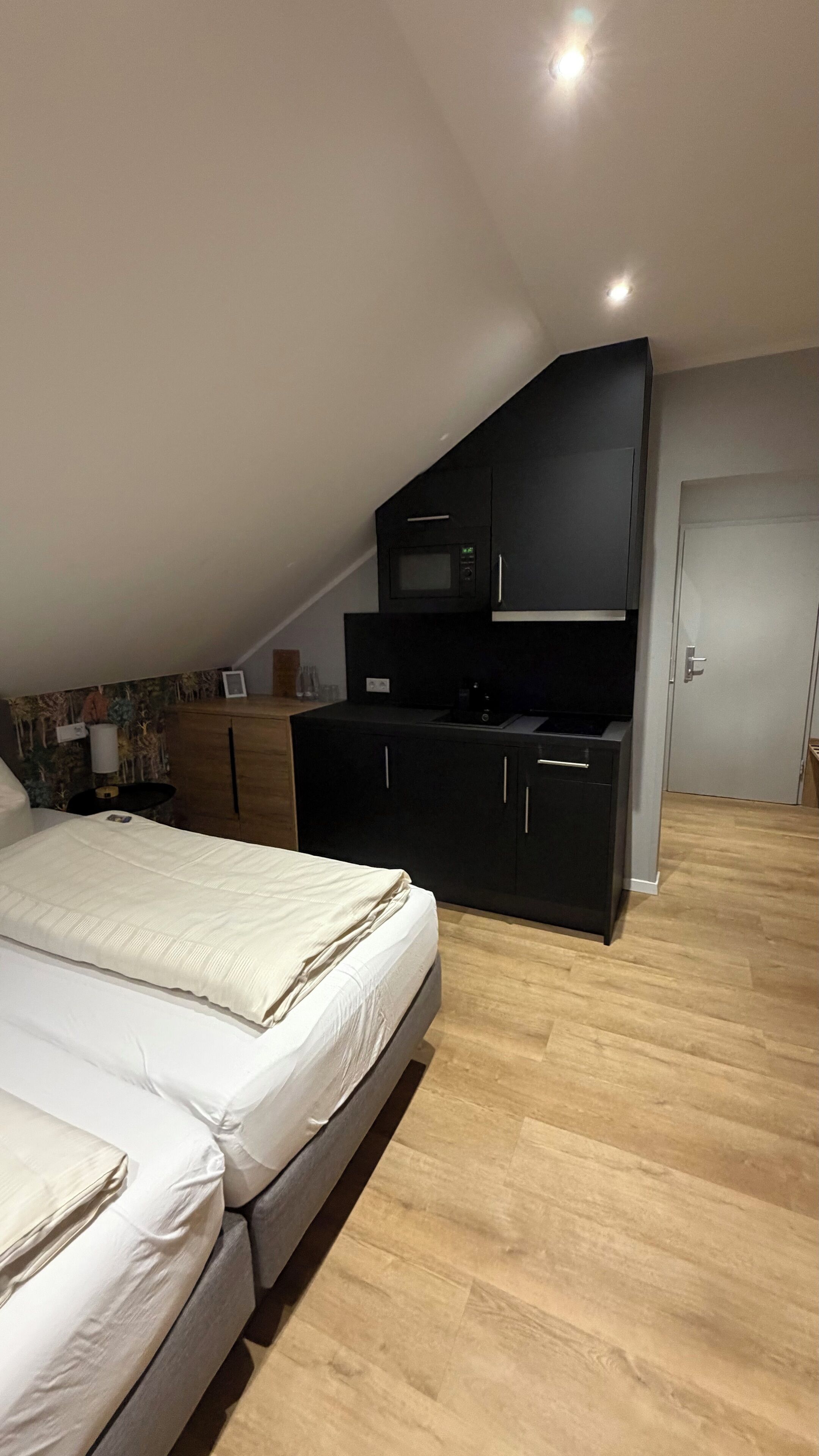 A bedroom with a bed, a kitchenette, and a door.