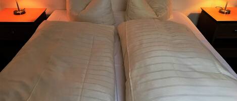 A double bed with two pillows and two bedside tables with lamps.