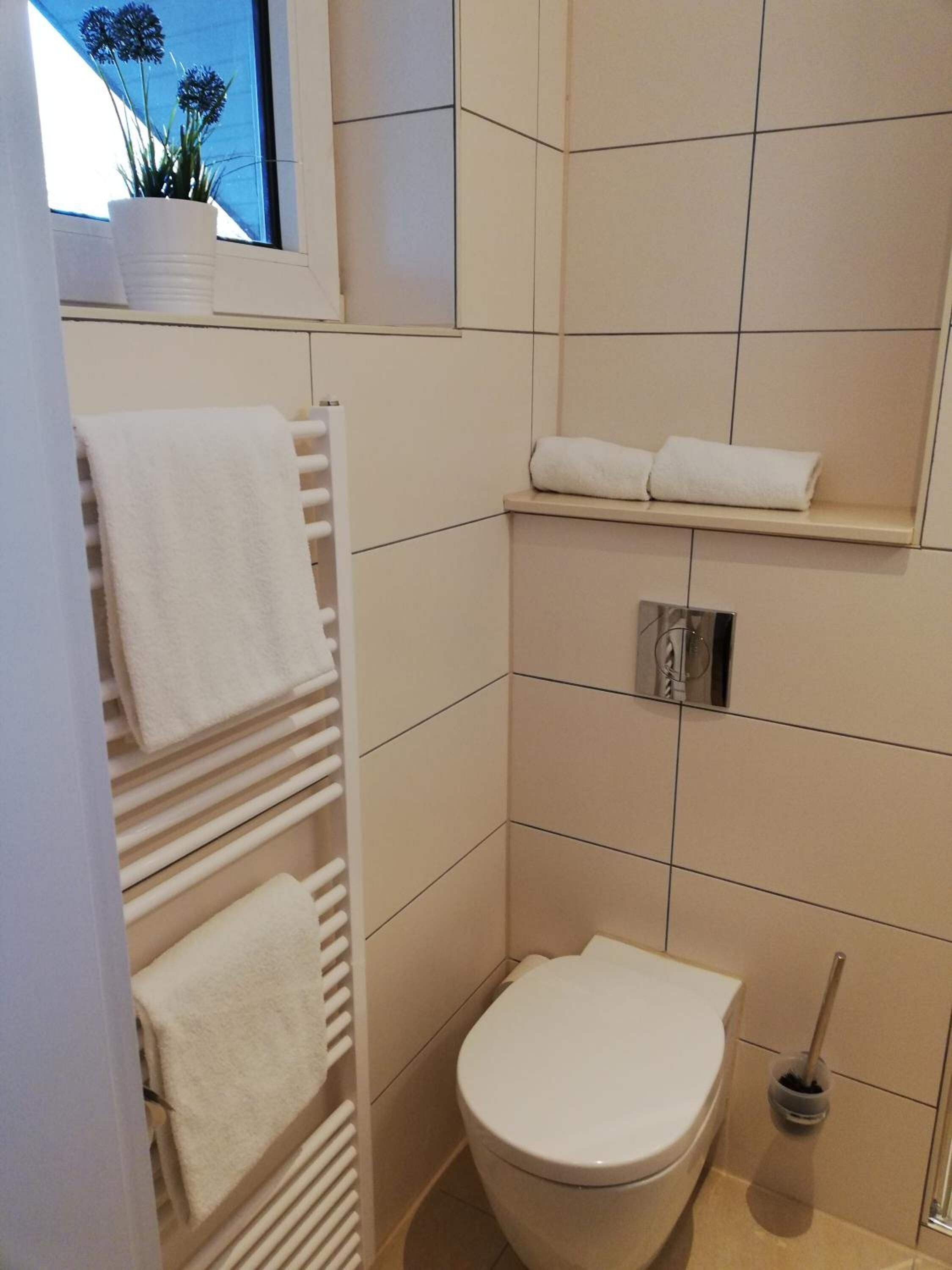 Une petite salle de bain moderne avec des toilettes blanches, un porte-serviettes avec plusieurs serviettes, une petite étagère avec deux serviettes pliées et une fenêtre donnant sur le ciel et quelques plantes.