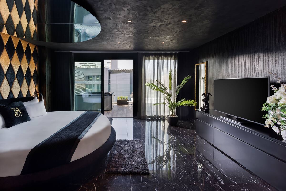 Un dormitorio moderno con una cama grande, un televisor de pantalla plana y una planta en maceta.