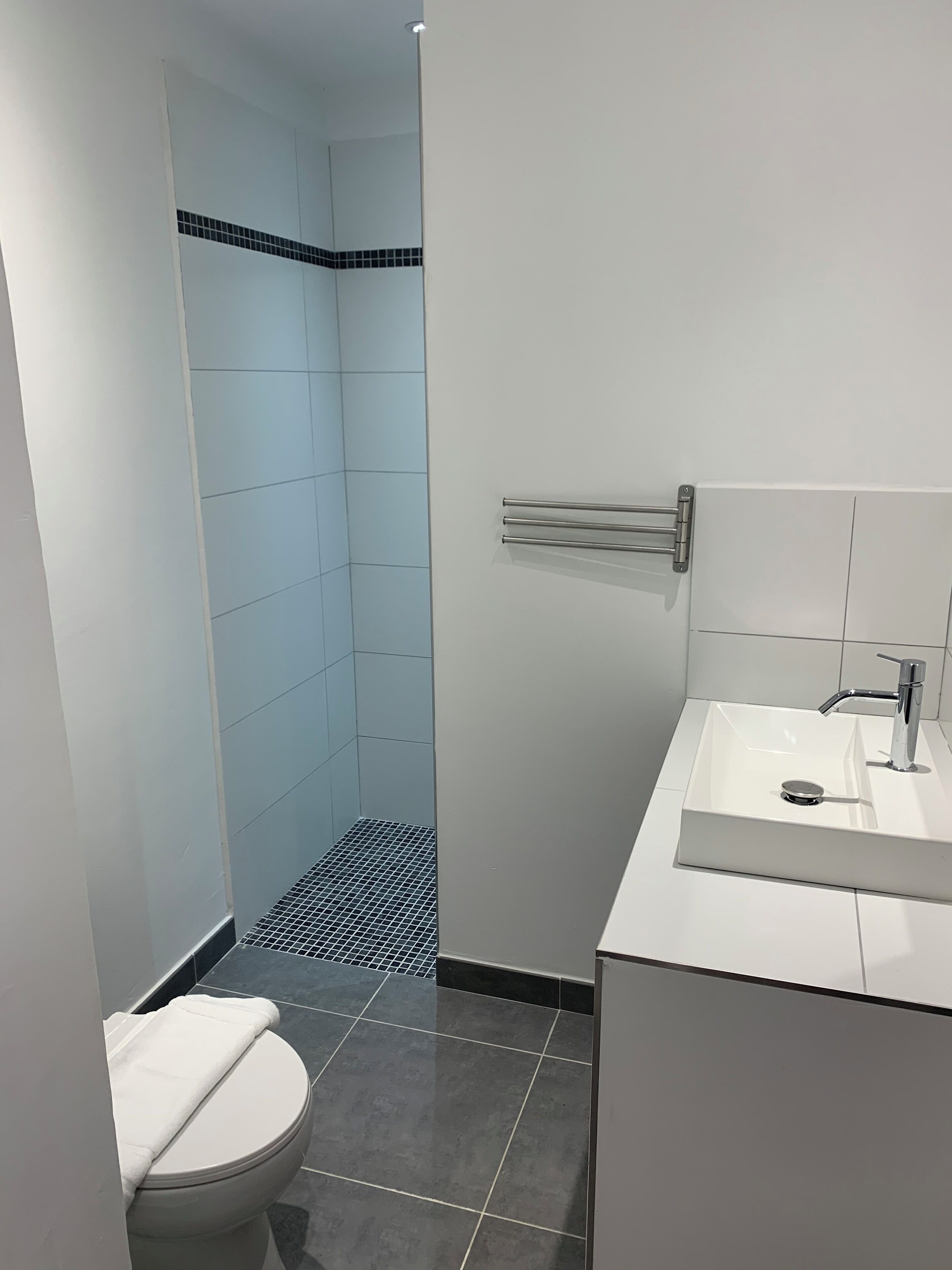 A modern bathroom with a shower, toilet, and sink.