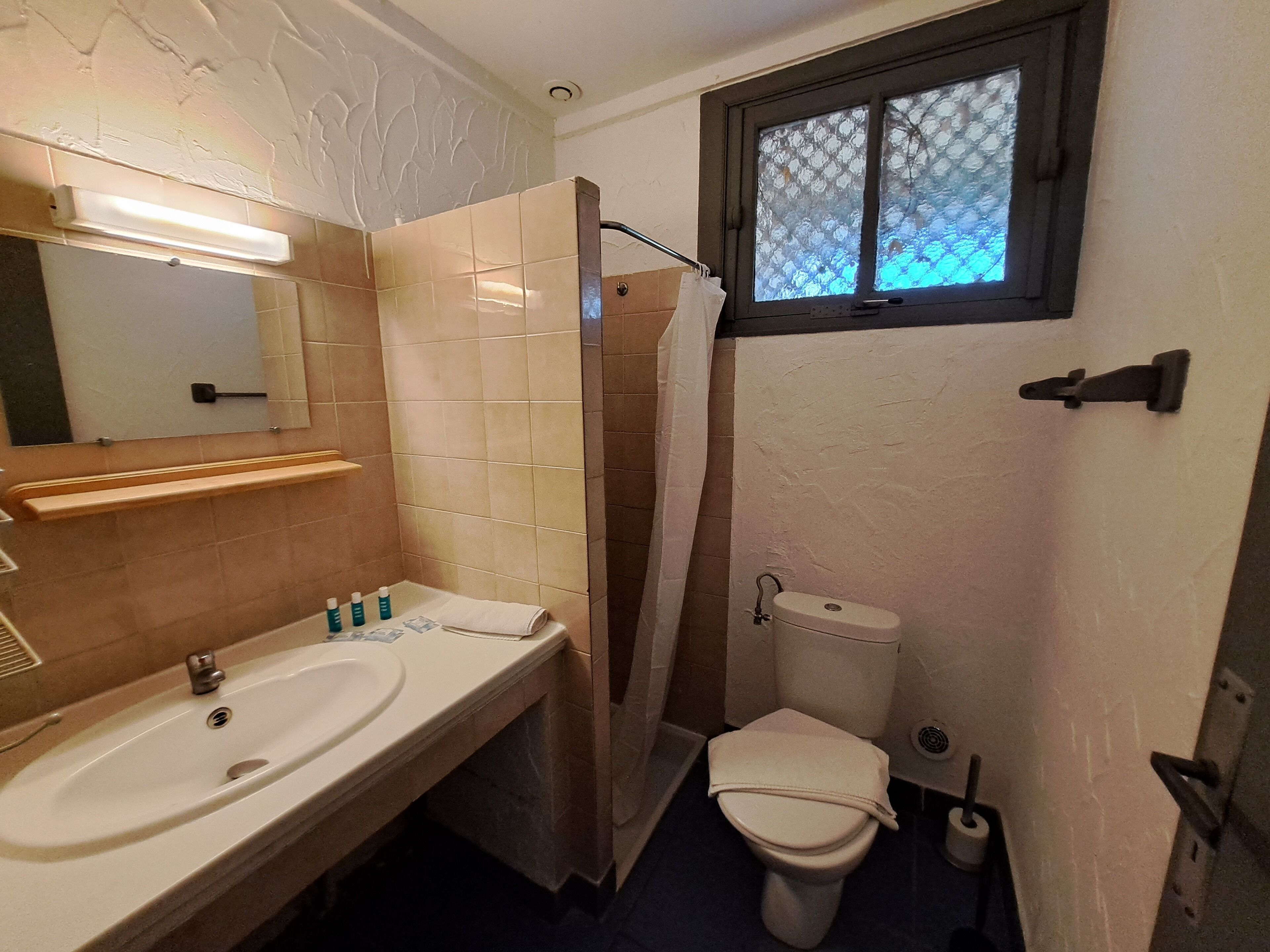 Et badeværelse med vask, spejl, bruseforhæng, toilet og et vindue med udsigt.