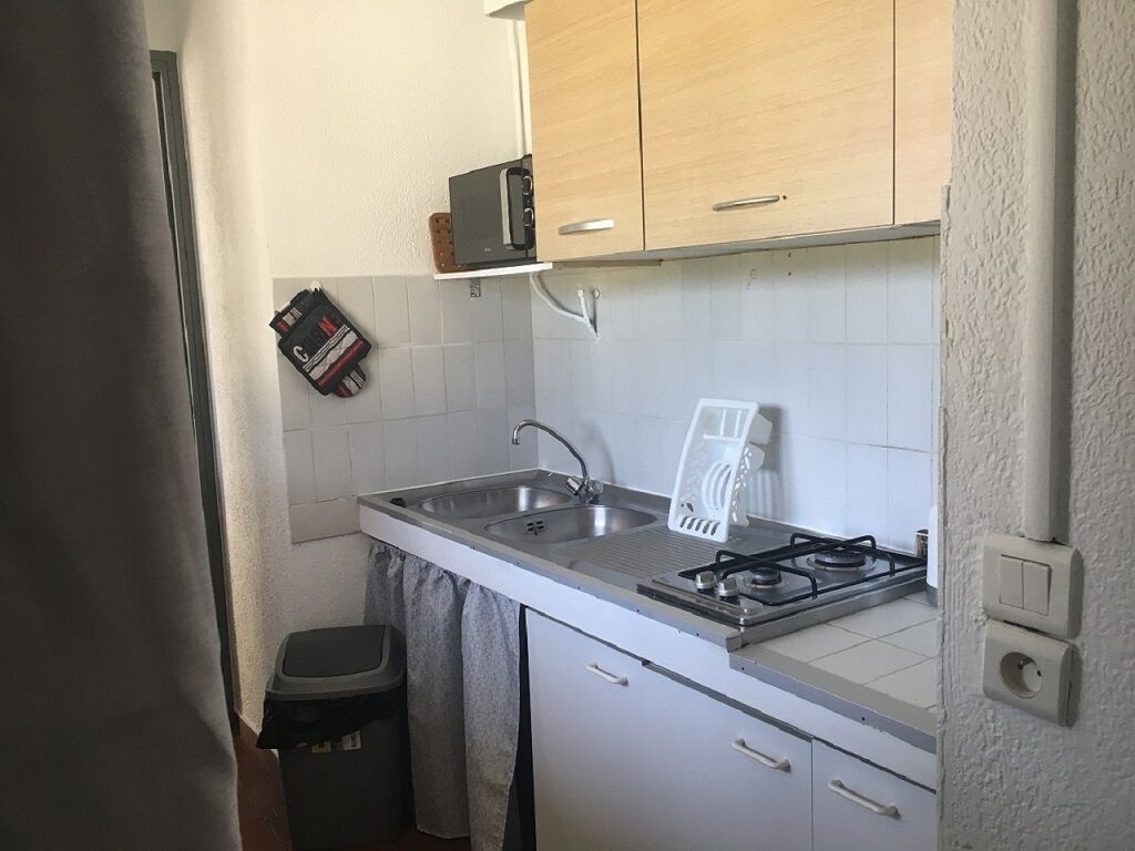 Una cocina compacta con estufa a gas, un lavamanos y armarios de madera.