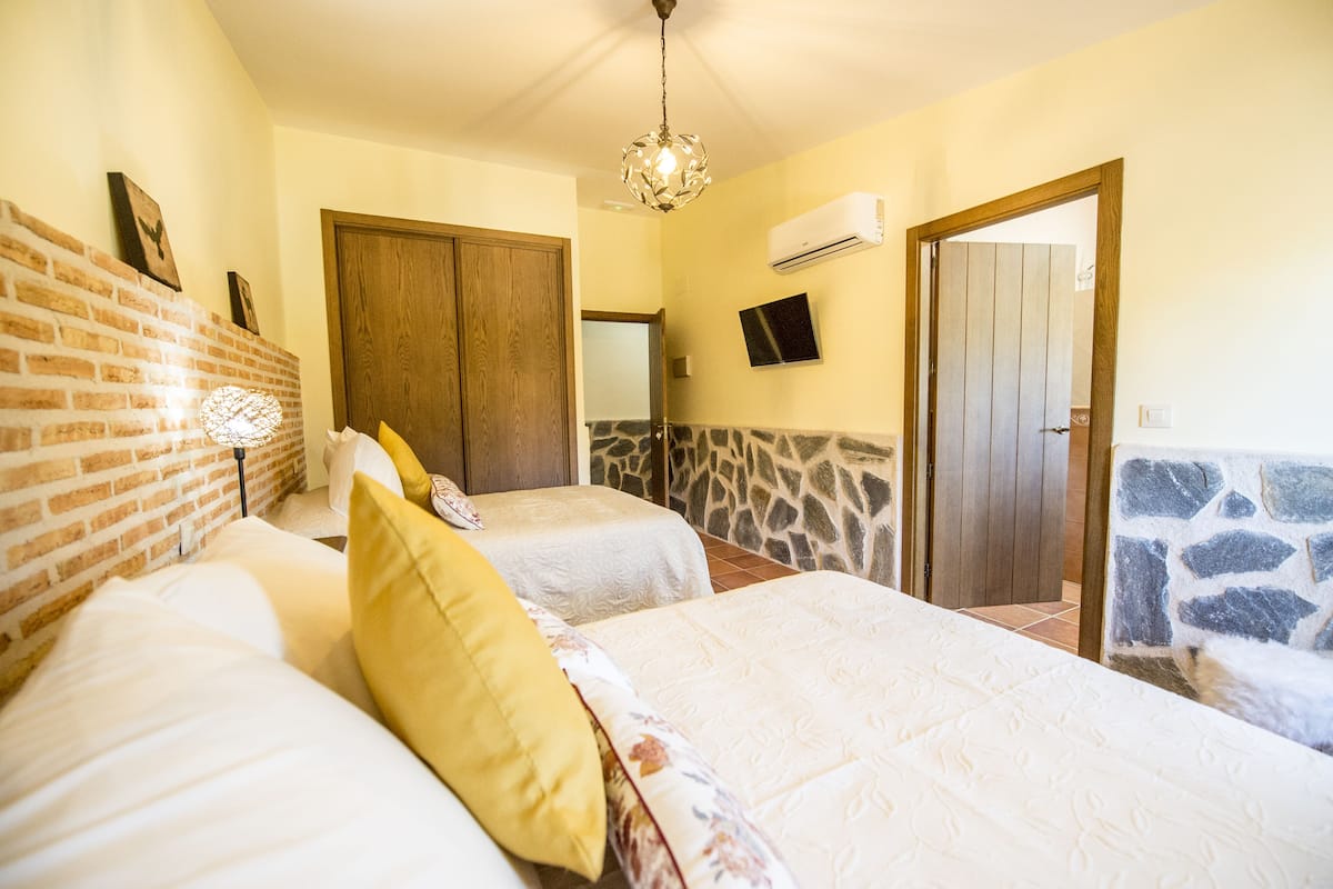 Une chambre avec deux lits, un mur en briques, un mur en pierre, une porte en bois et un téléviseur fixé au mur.