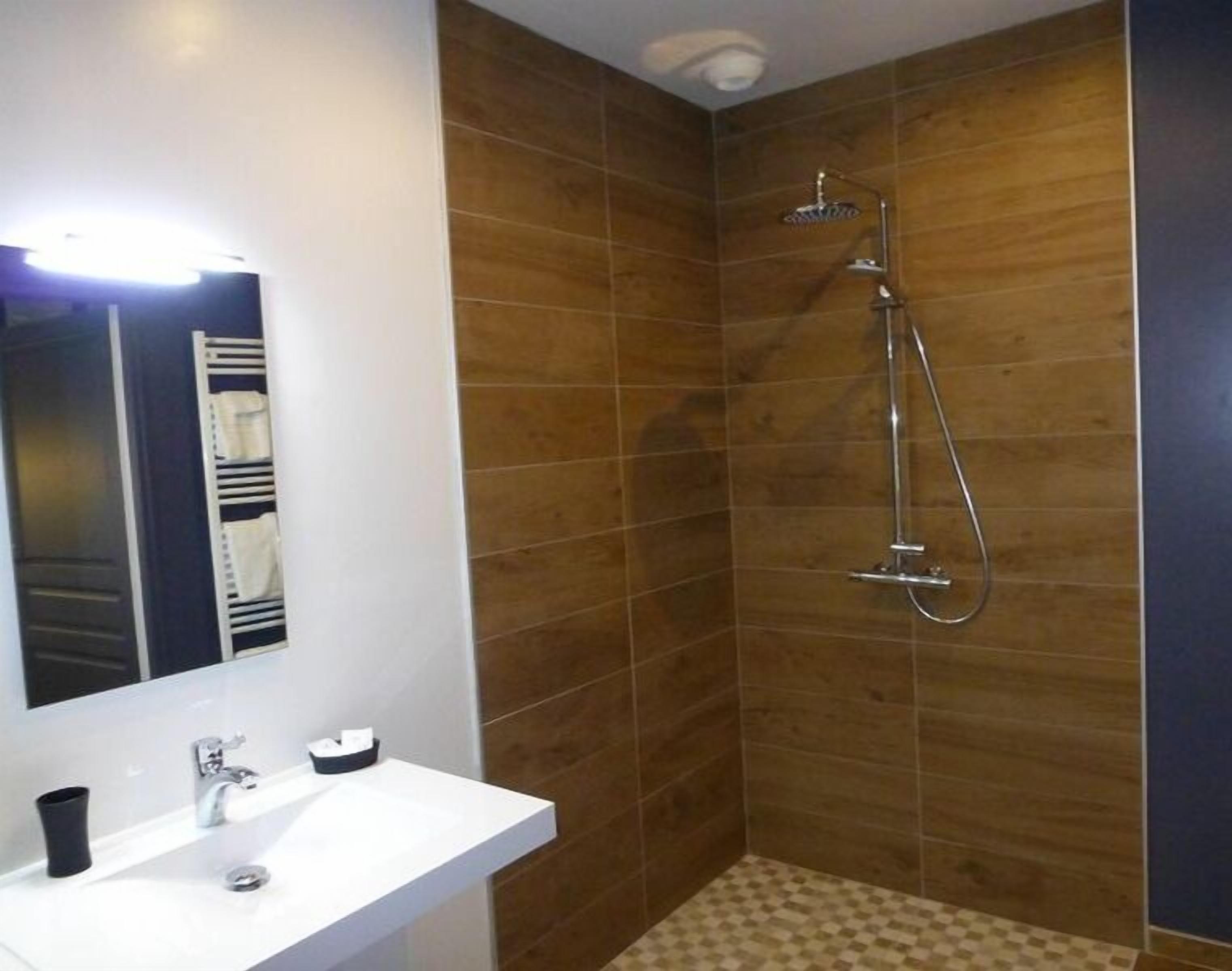 Une salle de bain avec un lavabo blanc, un miroir et une douche équipée d’un pommeau de douche à main.