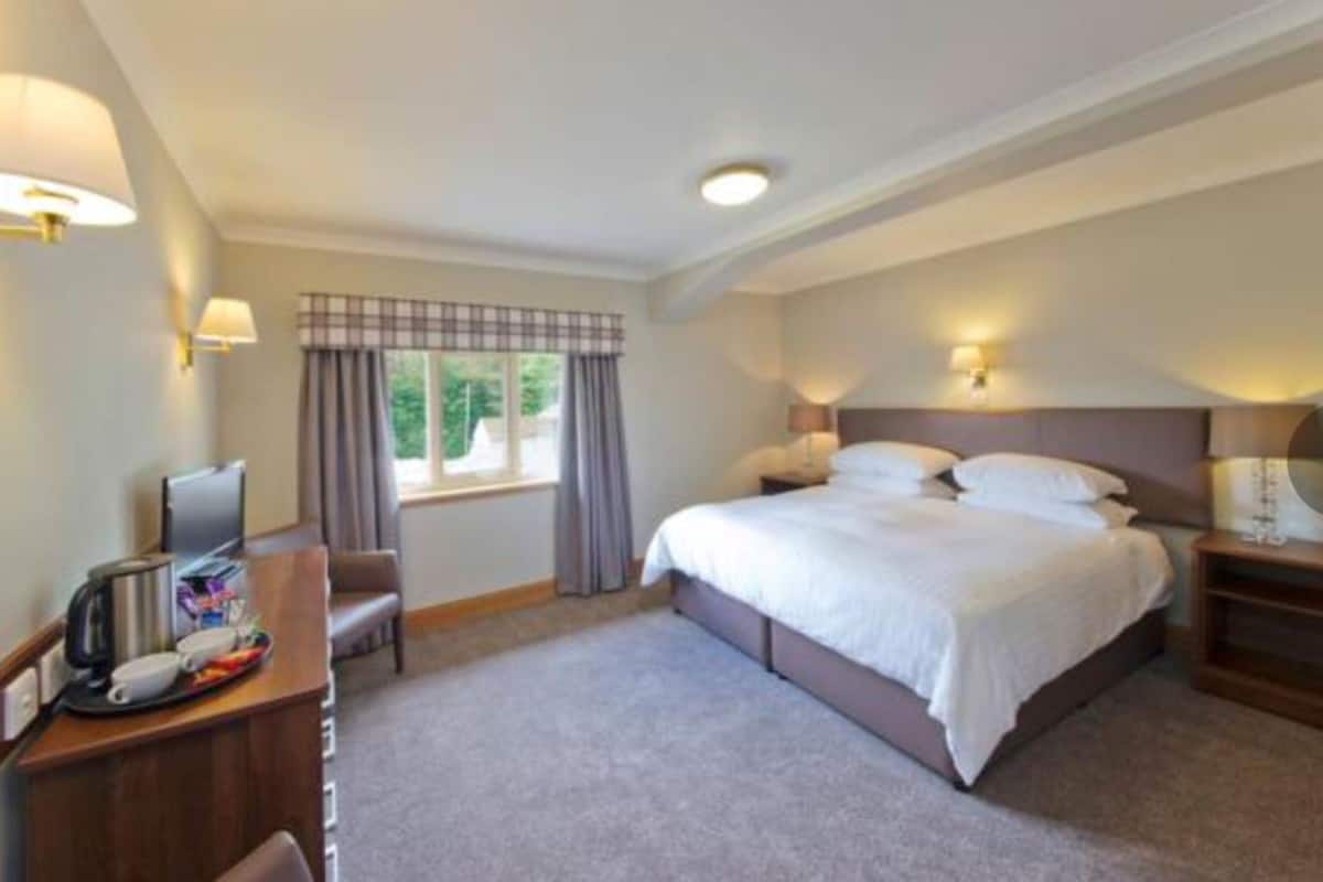 A hotel room with a bed, bedside tables, a desk with a telephone and a coffee maker, a window with curtains, and a view of greenery outside.
