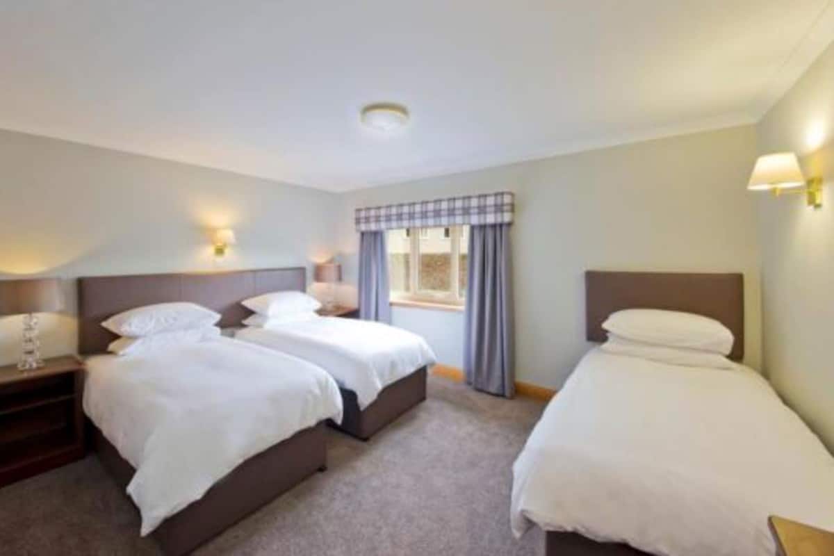 A hotel room with two beds, a window with curtains, and a nightstand with a lamp.