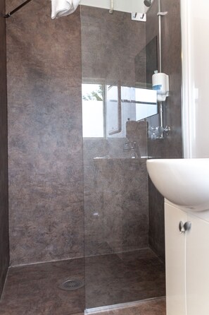 Shower, free toiletries, hair dryer, towels