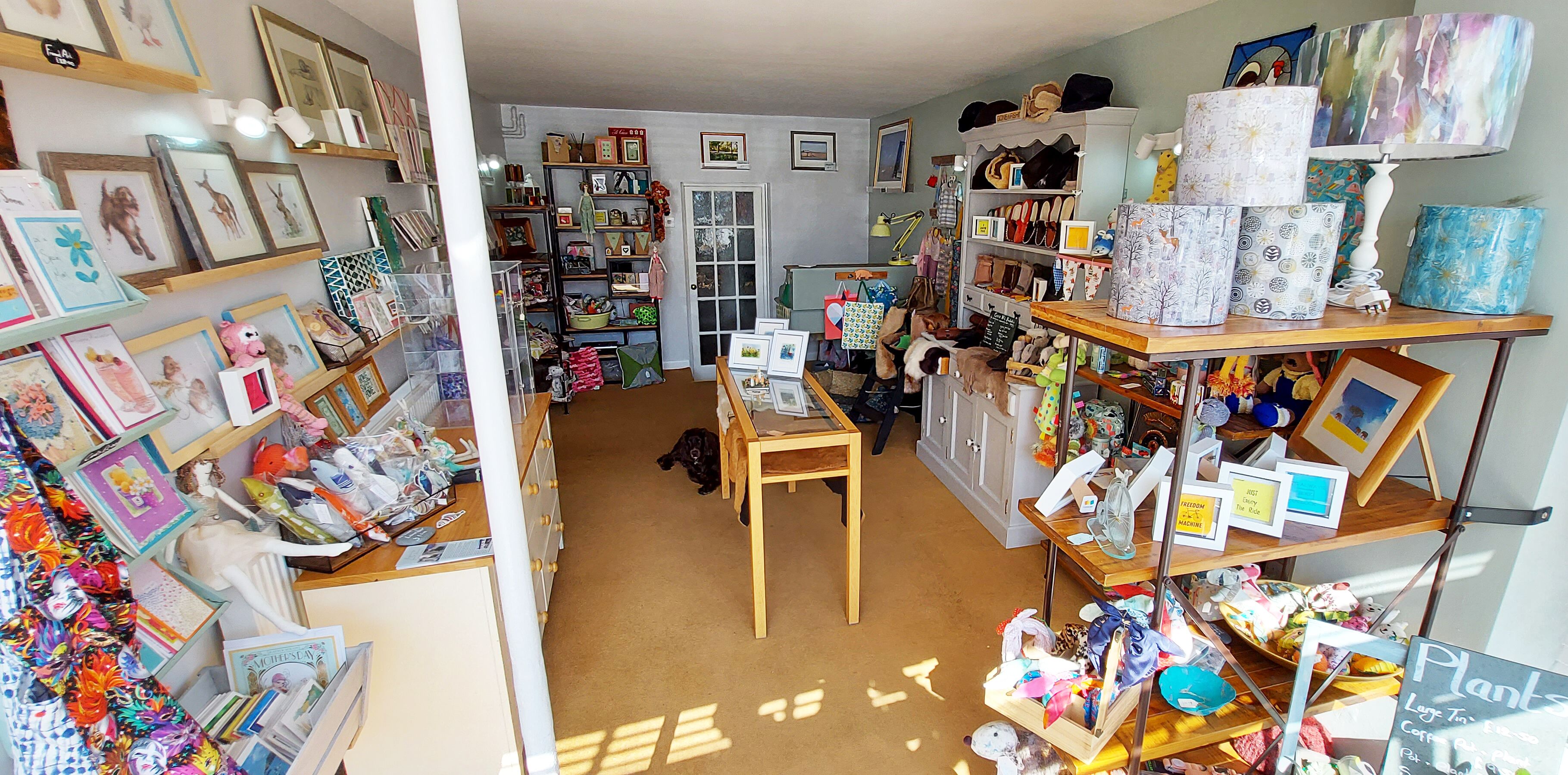 A cozy, cluttered room with shelves filled with framed pictures, stuffed animals, and various knick-knacks.