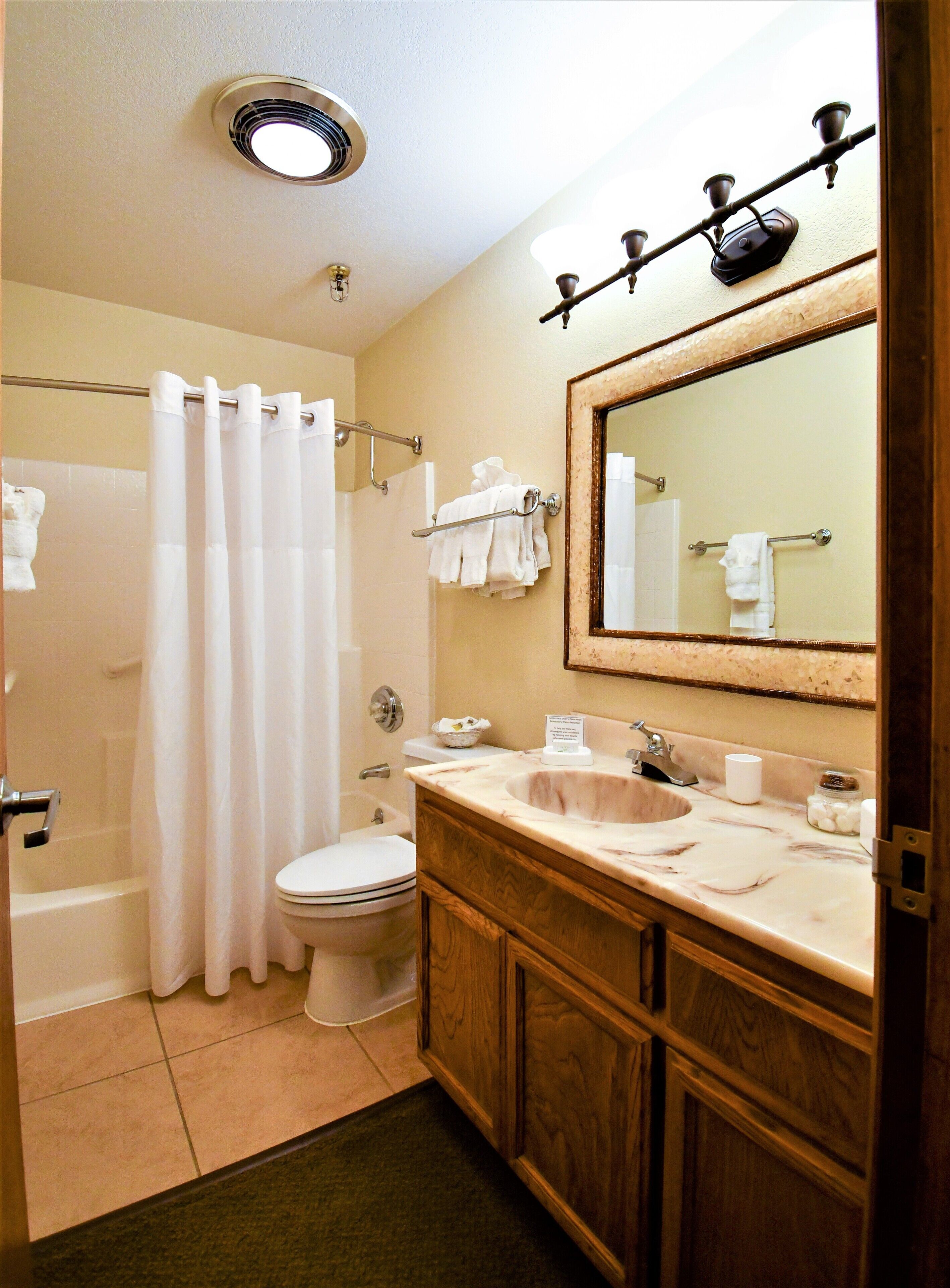 A bathroom with a shower, toilet, sink, and mirror.