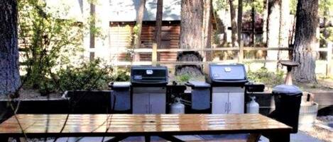 Un área de comedor al aire libre con una mesa de picnic y una parrilla, rodeada de árboles altos.