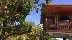 Un edifici de fusta amb un balcó, envoltat de verdura exuberant.