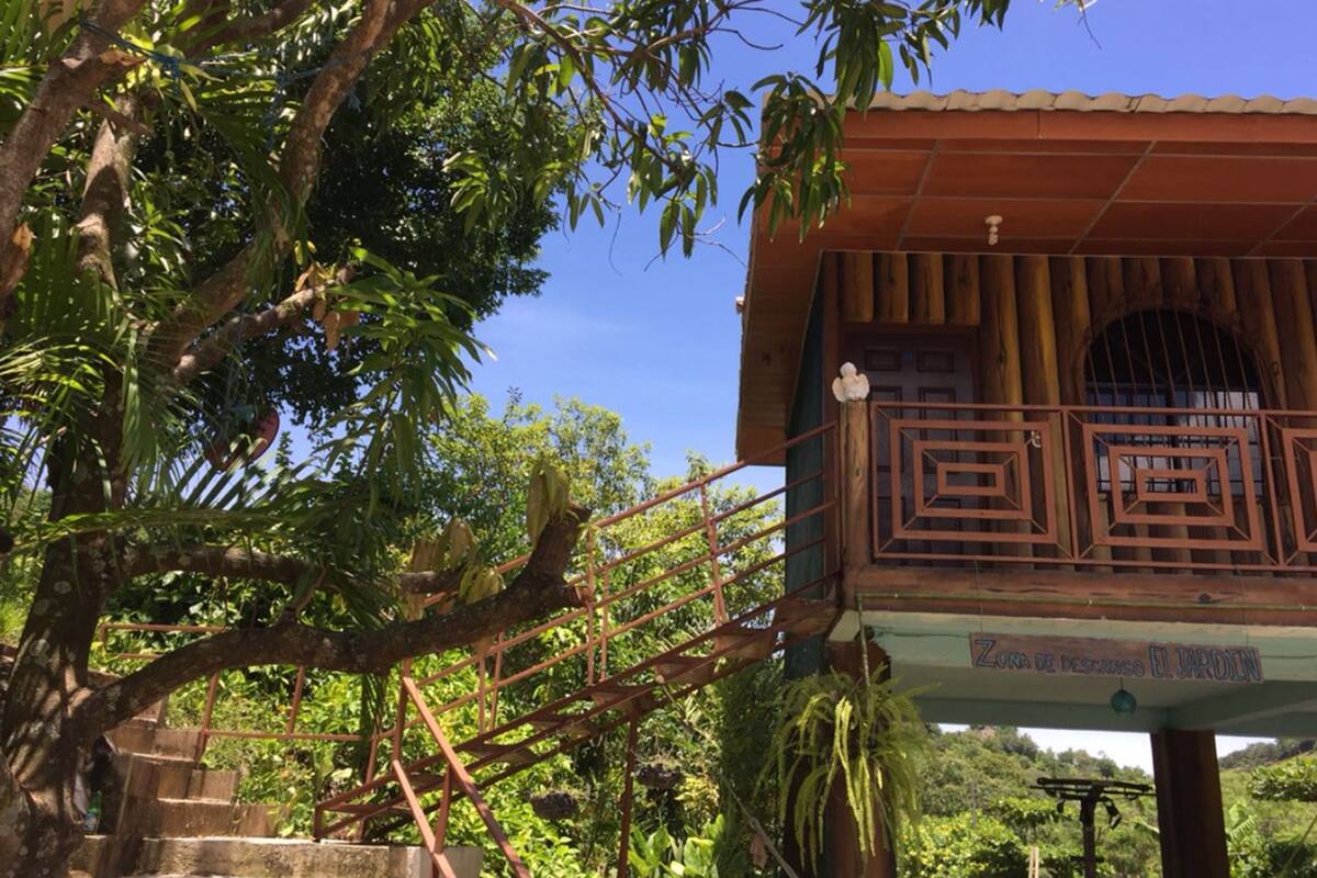 Un edificio de madera con un balcón, rodeado de abundante vegetación.