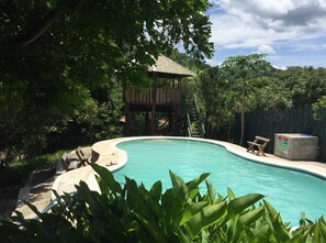 Una piscina al aire libre, sombrillas, tumbonas