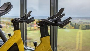 Two stationary bikes with a view of a green landscape through a window.