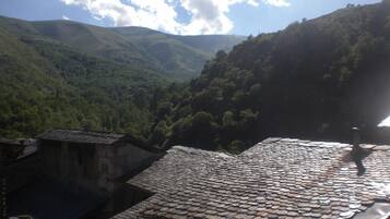 Un paysage montagneux avec un village.