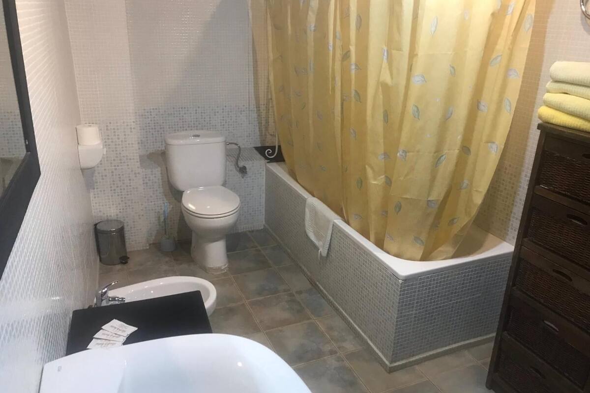 shower, free toiletries, bidet, towels