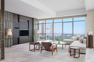 Executive Suite, 1 King Bed, City View | Living room | TV, books