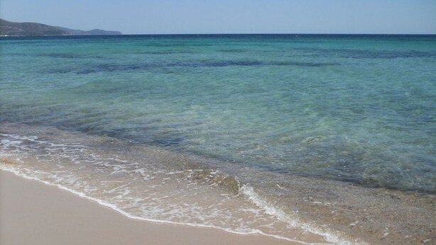 A beach with clear turquoise water and a sandy shore.