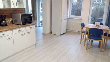 Fridge, microwave, stovetop, espresso maker