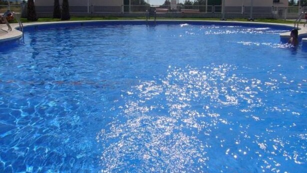 Une piscine à l’eau d’un bleu cristallin, entourée d’une clôture et de palmiers.