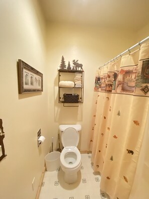 Combined shower/bathtub, hair dryer, towels, soap