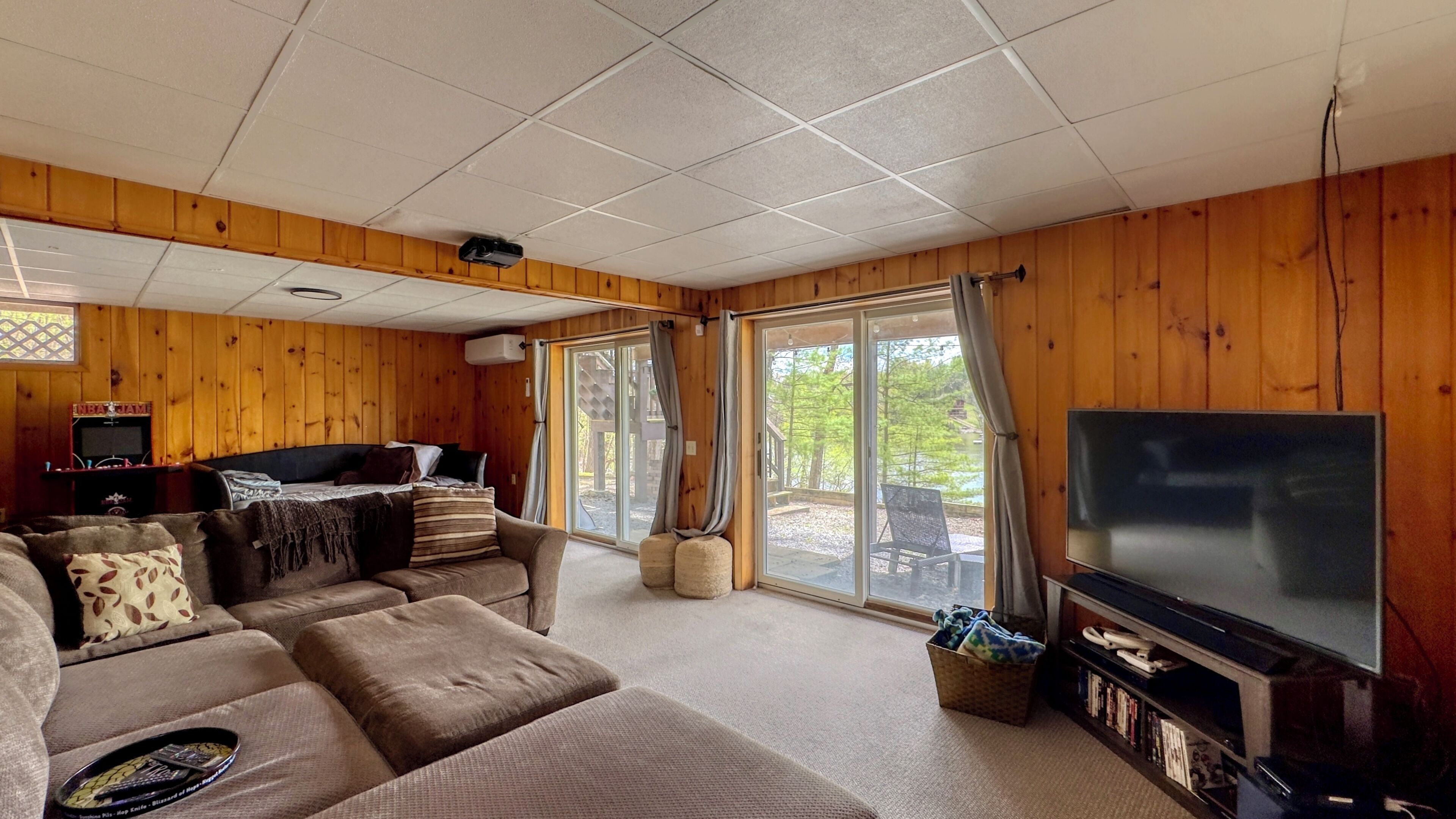 Smart TV, fireplace, video games, DVD player