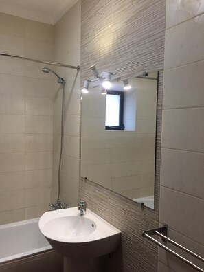 Combined shower/bathtub, hair dryer, bidet, towels
