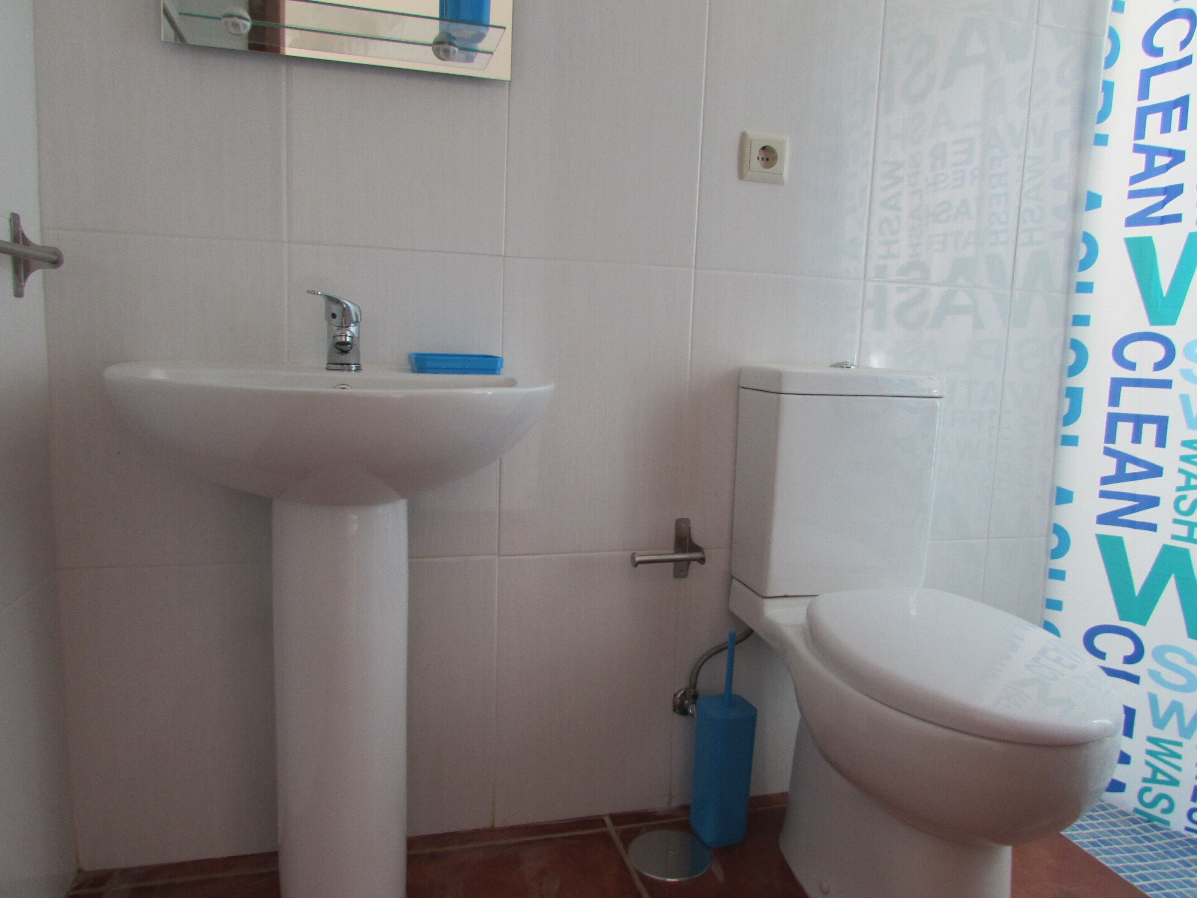 A bathroom with a white sink, toilet, and blue cleaning brush.