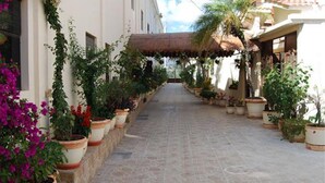 Uma viela estreita e pavimentada, com plantas e flores em vasos, que leva a um edifício com telhado de azulejos.
