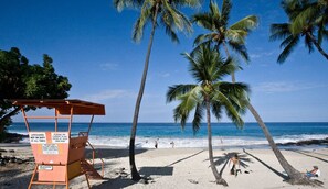 Un puesto de salvavidas en una playa con palmeras y el océano al fondo.