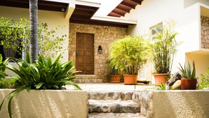 Una entrada de piedra con una puerta de madera, plantas en macetas y un muro de piedra.