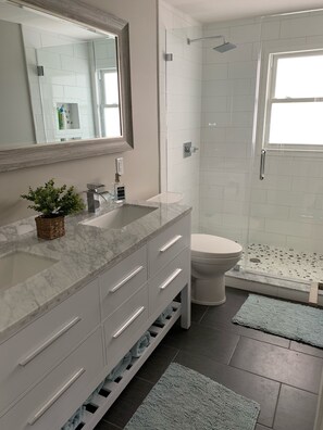 Douche, séchoir à cheveux, serviettes fournies, savon