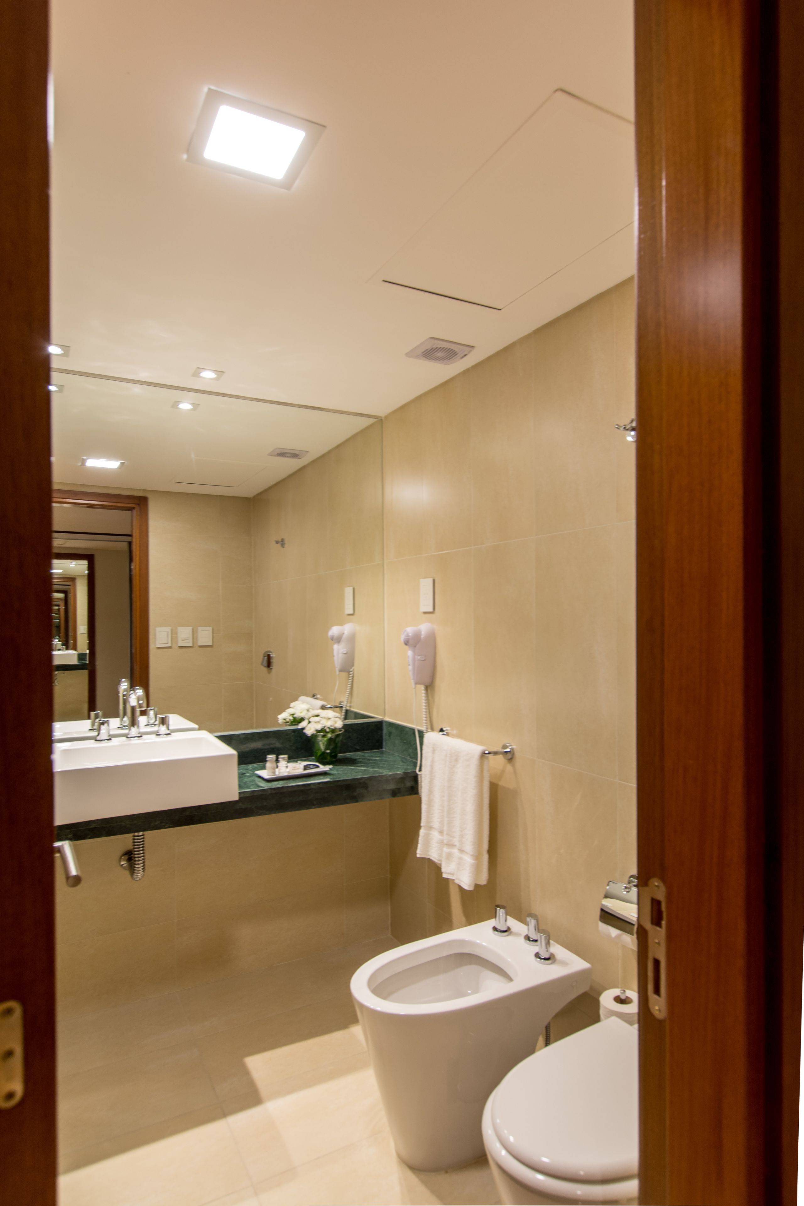 free toiletries, hair dryer, bidet, towels