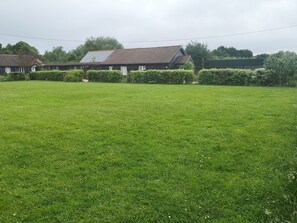 Een grasveld met een gebouw op de achtergrond.