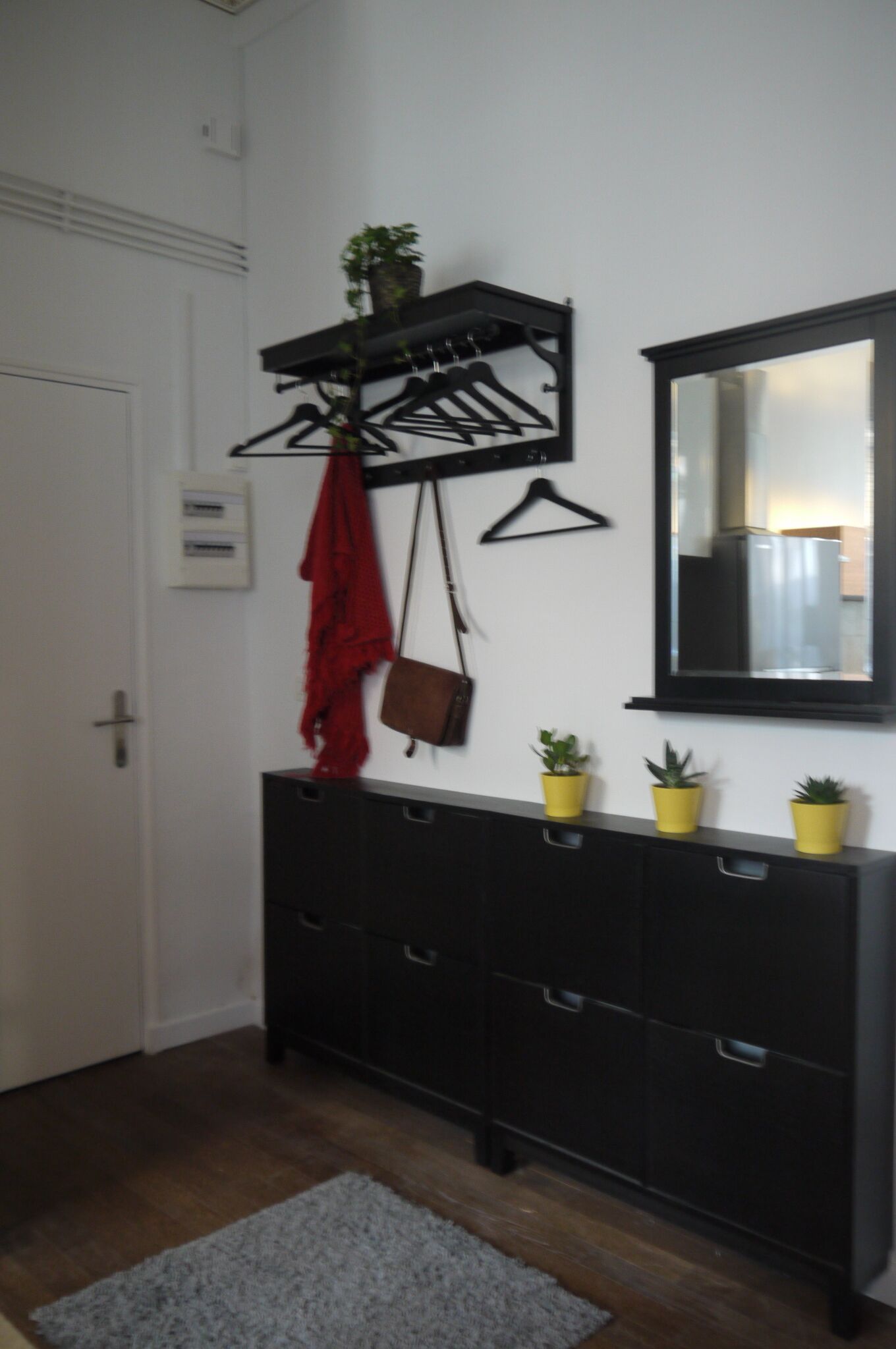 A hallway with a black dresser, a mirror, and three potted plants.