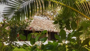 A thatched-roof hut surrounded by lush greenery. - La Cueva Eco-Lodge (Las Galeras)