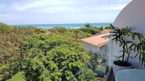 Ein Balkon mit Blick auf das Meer und üppiges Grün.