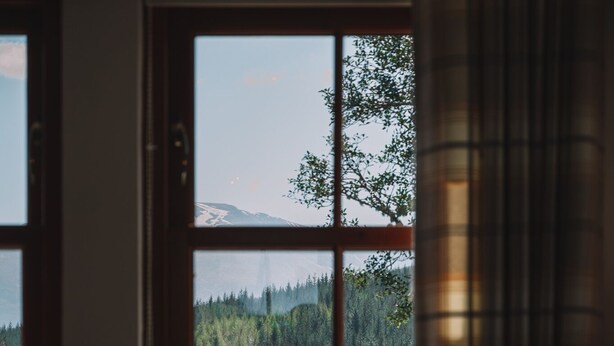 Une pièce avec vue sur une forêt et des montagnes, visible par une fenêtre.